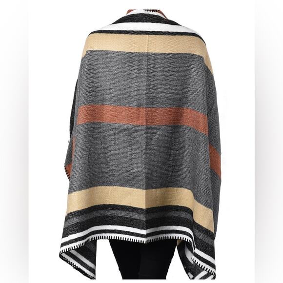 Gray, Multi Color Stripe Pattern Ruana, One size fits most - Picture 2 of 4